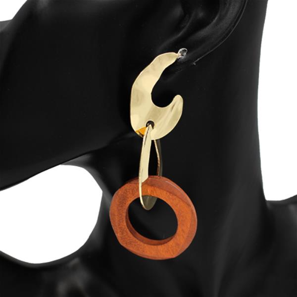 ABSTRACT GOLD-TONE DROP WITH WOODEN RING ACCENT EARRING