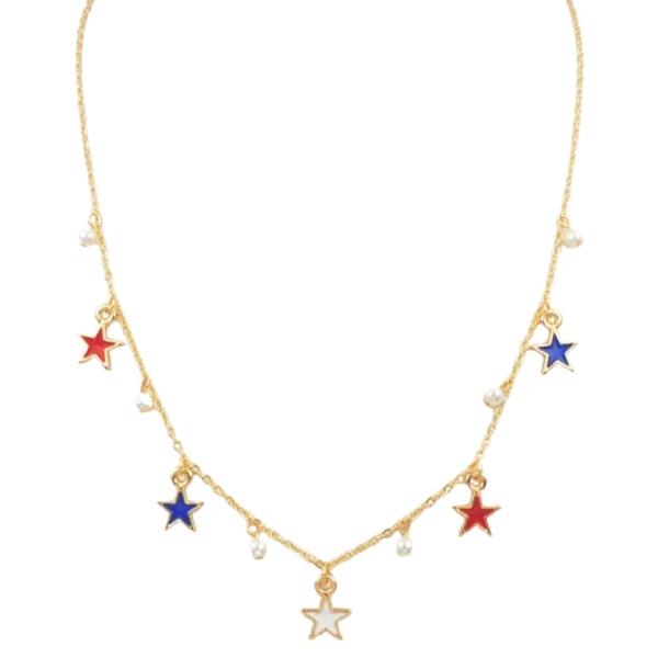 4TH OF JULY RED WHITE BLUE STAR CHARM AND PEARL NECKLACE