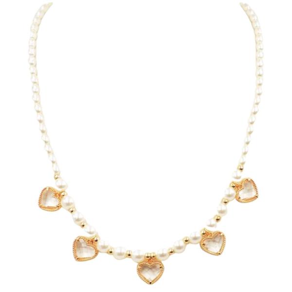 GLASS HEART CHARM STATION PEARL NECKLACE