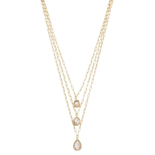 3 LAYERED METAL CHAIN STONE PENDANT NECKLACE