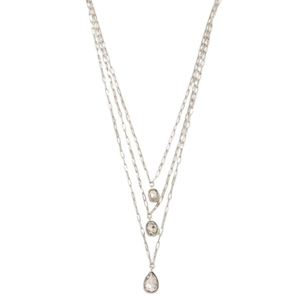 3 LAYERED METAL CHAIN STONE PENDANT NECKLACE