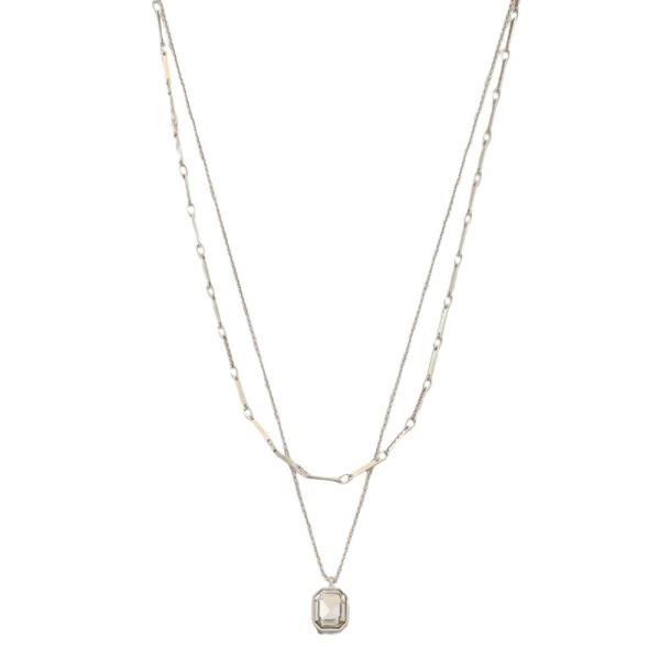 2 LAYERED METAL CHAIN STONE PENDANT NECKLACE