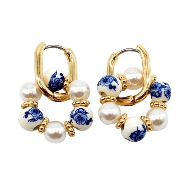 CERAMIC PEARL ROUND CHARM OVAL HUGGIE HOOP EARRING
