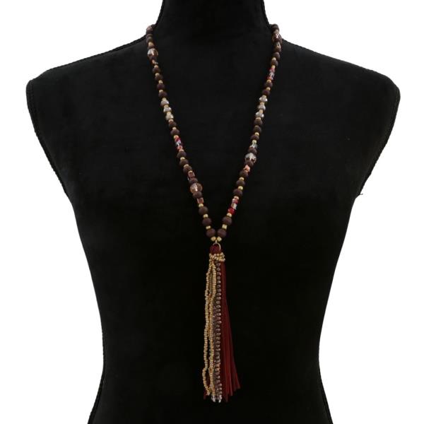 GLASS WOOD MIX BEAD TASSEL PENDANT LONG NECKLACE