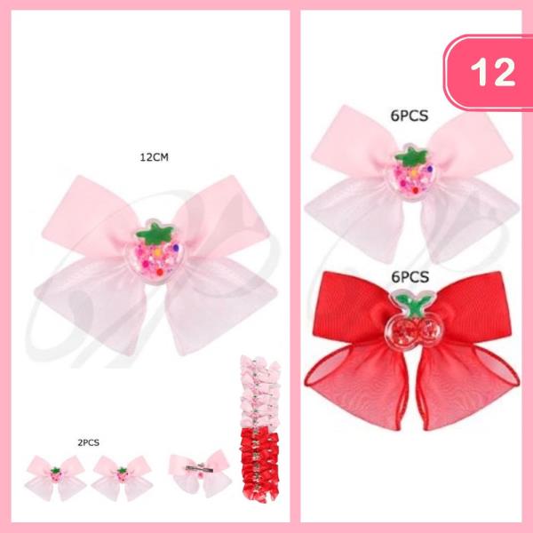STRAWBERRY CHERRY SATIN HAIR BOW PIN (12 UNITS)