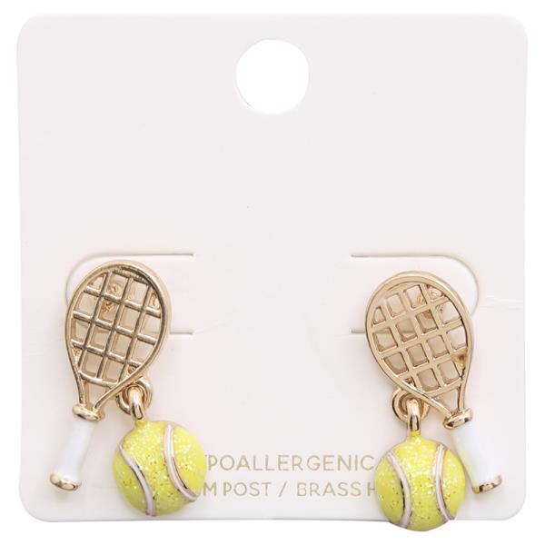 TENNIS RACKET TEXTURED BALL DANGLING STUD EARRINGS
