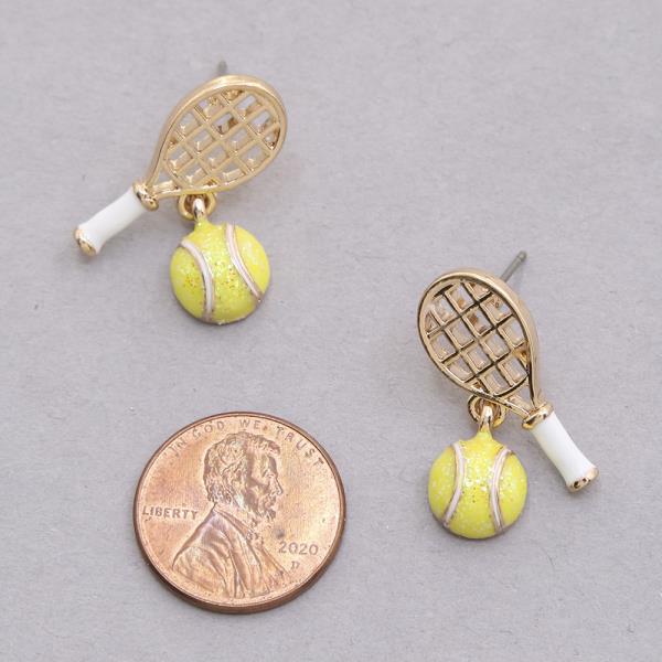 TENNIS RACKET TEXTURED BALL DANGLING STUD EARRINGS
