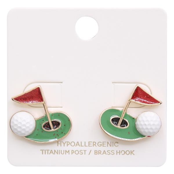 GOLF GREEN TEXTURED BALL FLAG DETAIL STUD EARRINGS
