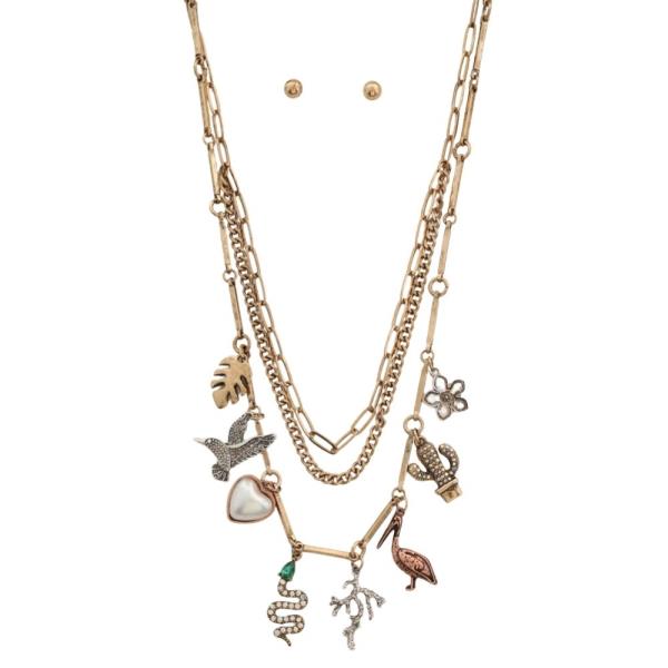 WESTERN STYLE 3 LAYERED MULTI ANIMAL CHARM NECKLACE EARRING SET