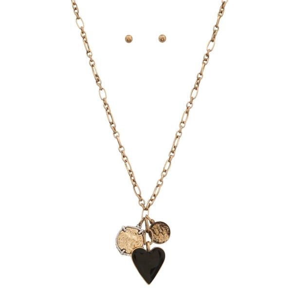 WESTERN COIN HEART PENDANT LONG NECKLACE EARRING SET