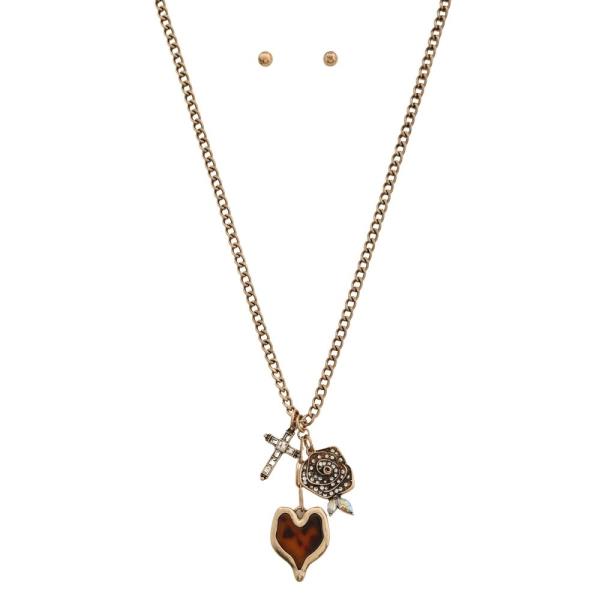 WESTERN TORTOISE HEART ROSE CROSS PENDANT LONG NECKLACE EARRING SET