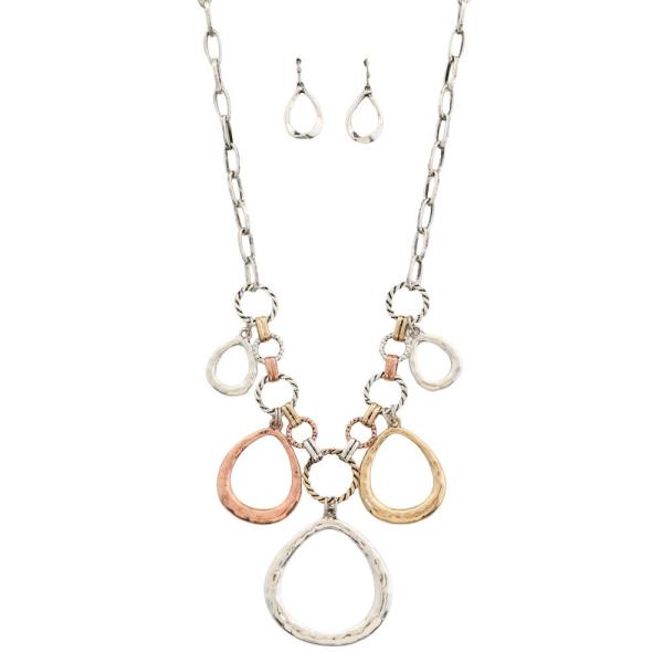 TRI TONE TEARDROP MULTI CHARM NECKLACE EARRING SET