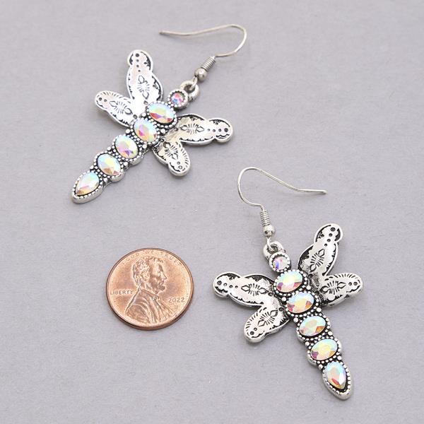 WESTERN RHINESTONE METAL DRAGONFLY DANGLE EARRING