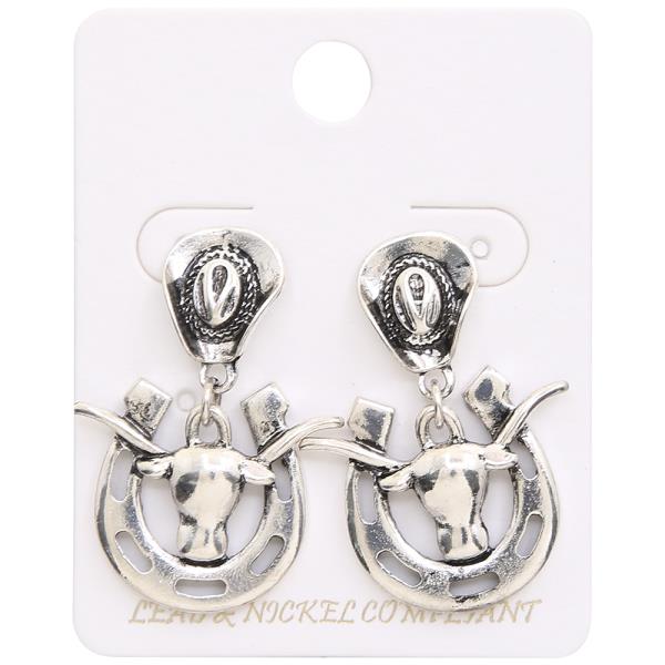 WESTERN STYLE COW SKULL HORSESHOE DANGLE EARRING