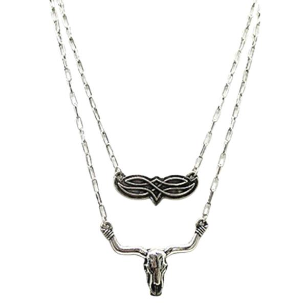 WESTERN LONGHORN SKULL & SCROLL DOUBLE LAYER NECKLACE