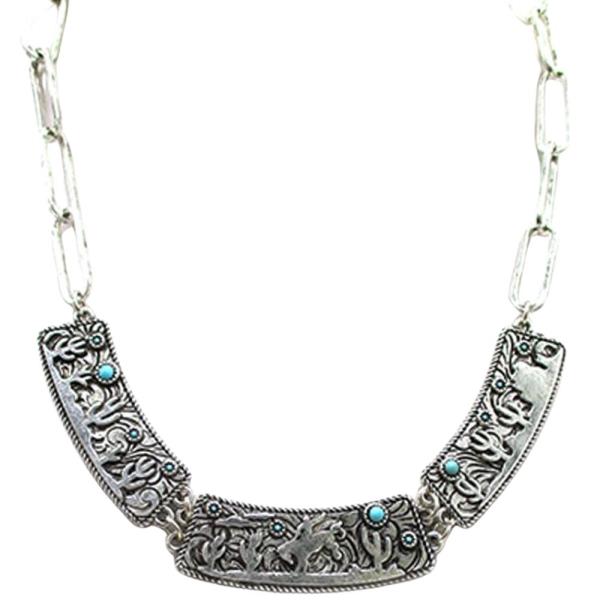 WESTERN TOOLED PLATE NECKLACE WITH TURQUOISE ACCENTS