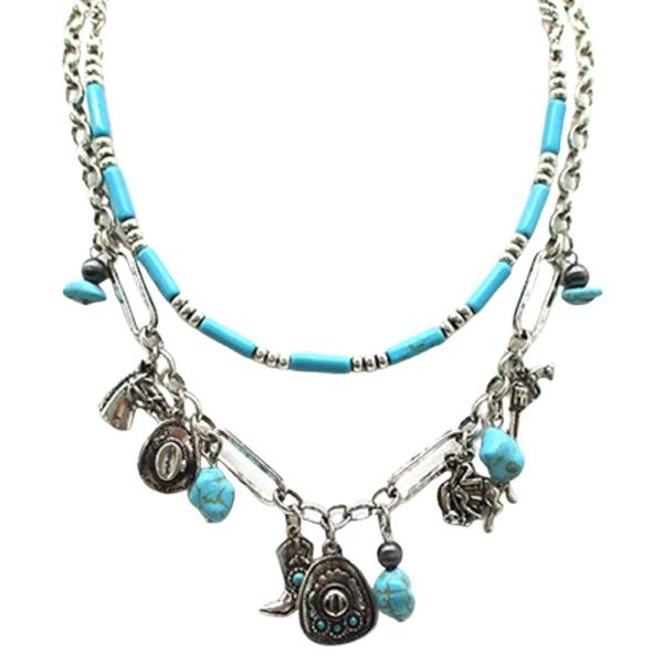 DOUBLE LAYER WESTERN CHARM NECKLACE WITH TURQUOISE BEADS