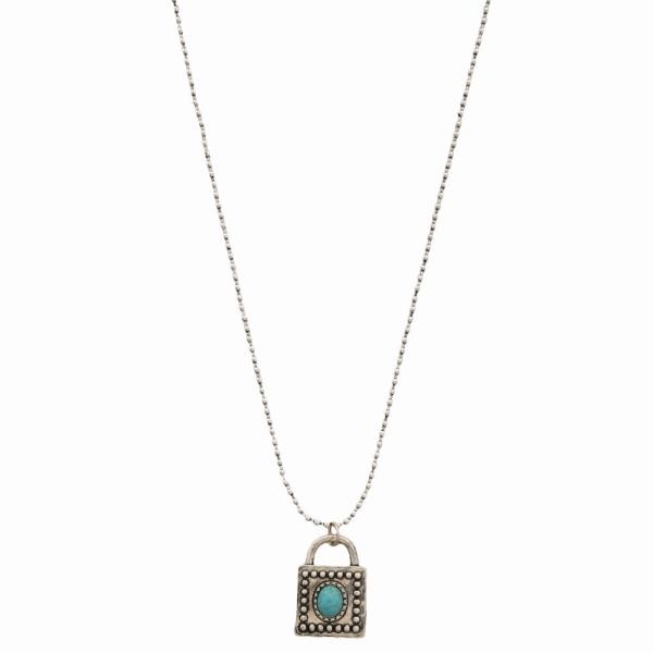 WESTERN TQ STONE LOCK PENDANT NECKLACE