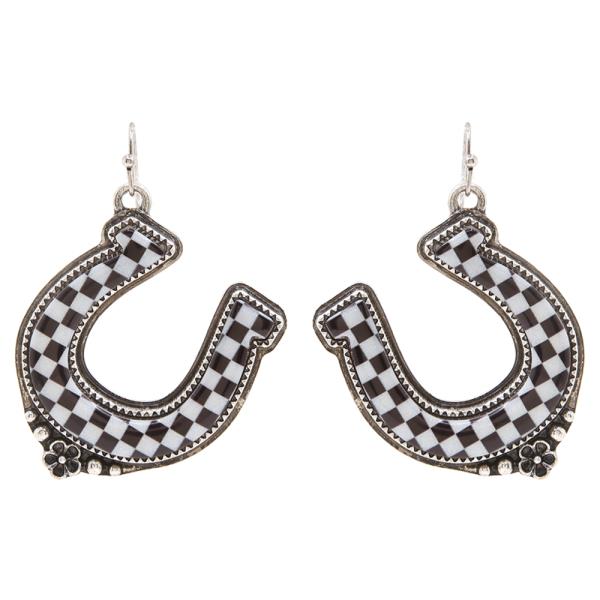 CHECKERED METAL HORSESHOE FLORAL DETAIL DANGLE HOOK EARRINGS