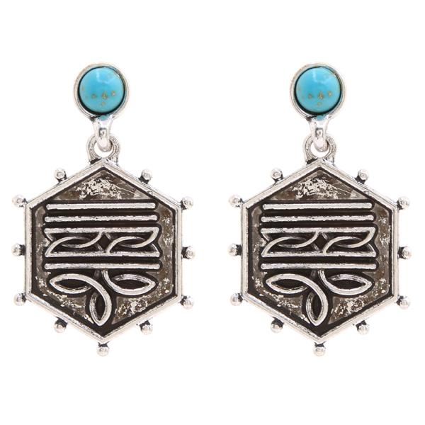 WESTERN ENGRAVED METAL TURQUOISE DANGLE EARRINGS
