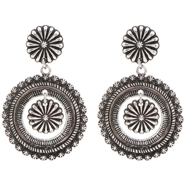WESTERN ENGRAVED METAL FLOWER DANGLE EARRINGS