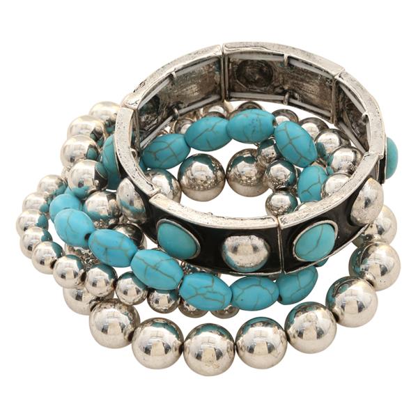 WESTERN TQ STONE METAL STRETCH BRACELET SET