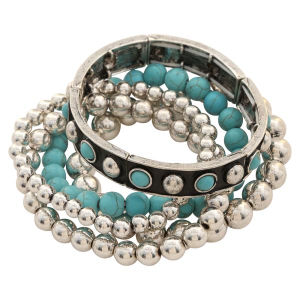 WESTERN TQ STONE METAL STRETCH BRACELET SET
