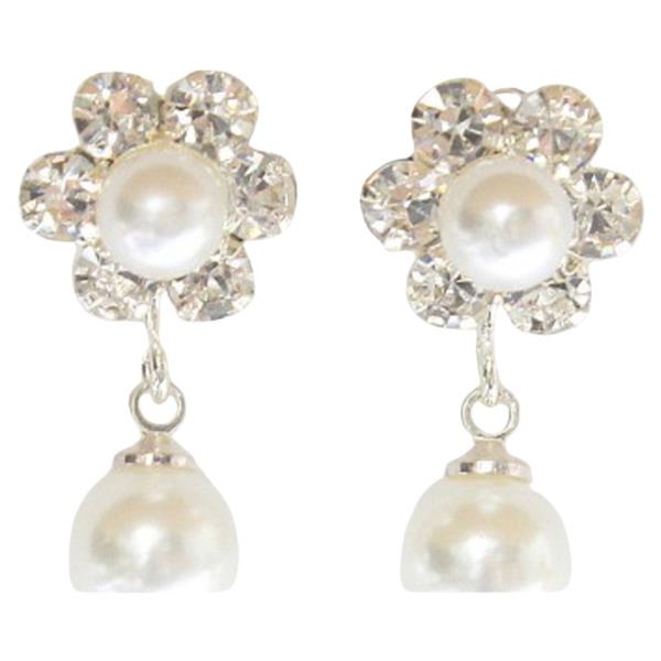FLOWER RHINESTONE PEARL DANGLE EARRING