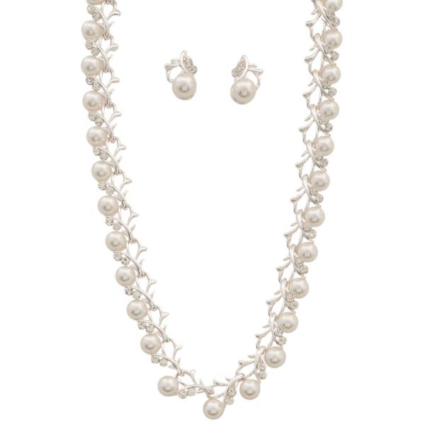 PEARL BEAD RHINESTONE METAL NECKLACE