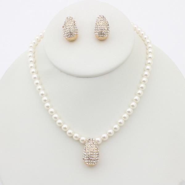 FAUX PEARL ROUND BEAD TEARDROP RHINESTONE PENDANT NECKLACE AND MATCHING EARRING SET