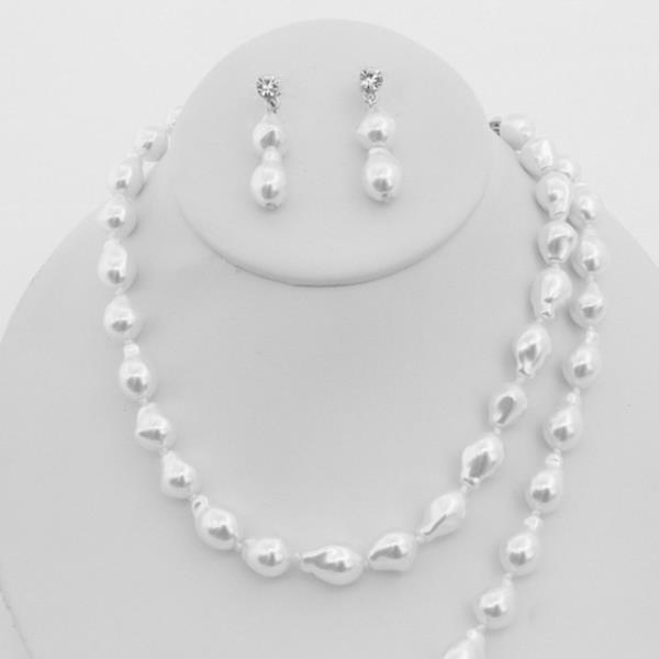 FAUX PEARL OVAL BEAD DOUBLE STRAND NECKLACE AND DROP EARRING SET