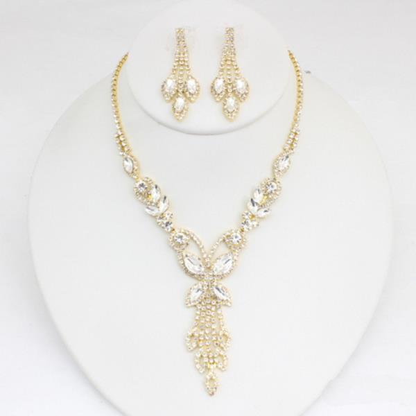 RHINESTONE MARQUISE GEM FLORAL DROP NECKLACE AND DANGLE EARRING SET