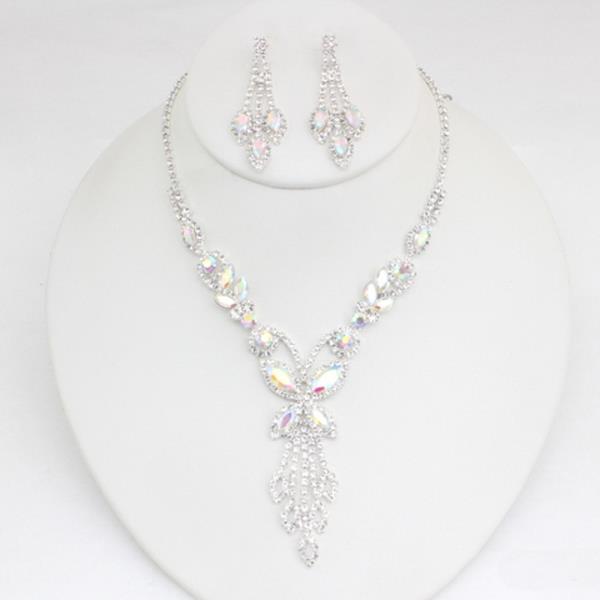 RHINESTONE MARQUISE GEM FLORAL DROP NECKLACE AND DANGLE EARRING SET