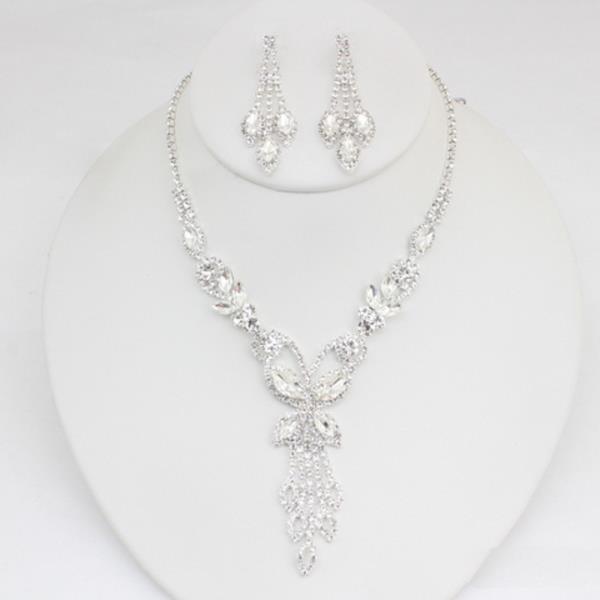 RHINESTONE MARQUISE GEM FLORAL DROP NECKLACE AND DANGLE EARRING SET