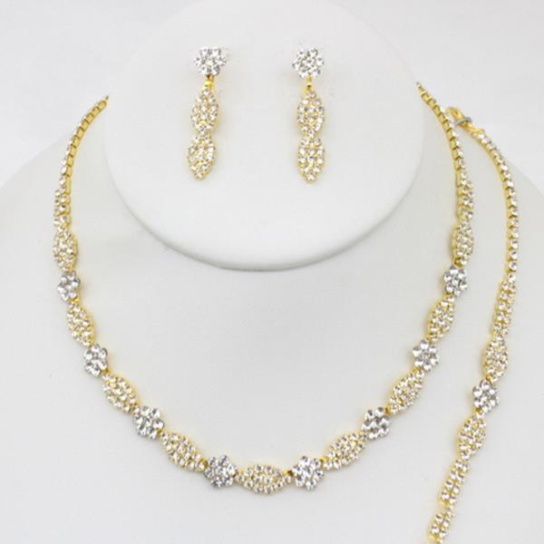 RHINESTONE MARQUISE AND FLORAL LINK NECKLACE AND DROP EARRING SET