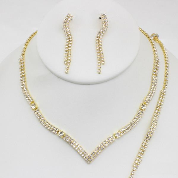 RHINESTONE V-SHAPED NECKLACE AND CURVED DANGLE EARRING SET