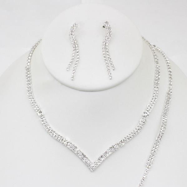 RHINESTONE V-SHAPED NECKLACE AND CURVED DANGLE EARRING SET