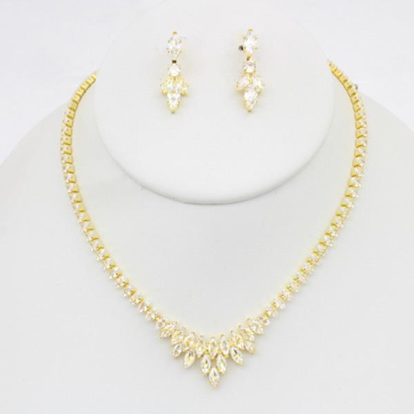 CZ MARQUISE CUT RHINESTONE CLUSTER V-SHAPE NECKLACE AND DROP EARRING SET