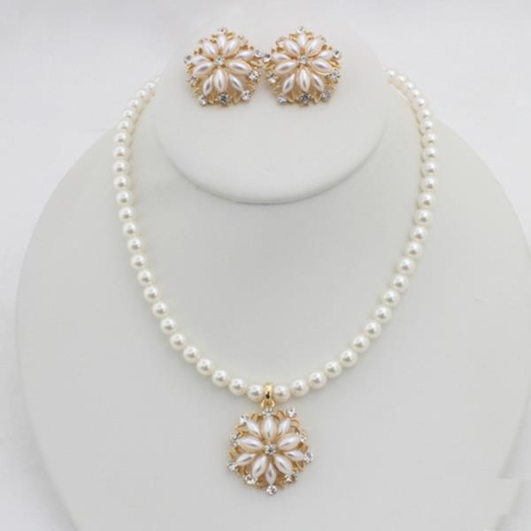 PEARL BEAD NECKLACE AND EARRING SET WITH CRYSTAL ACCENTED PENDANT