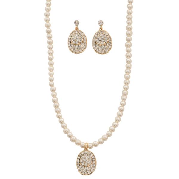 RHINESTONE OVAL PENDANT PEARL BEAD NECKLACE