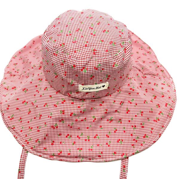 CHERRY PLAID PATTERN SUMMER BUCKET HAT WITH STRAP