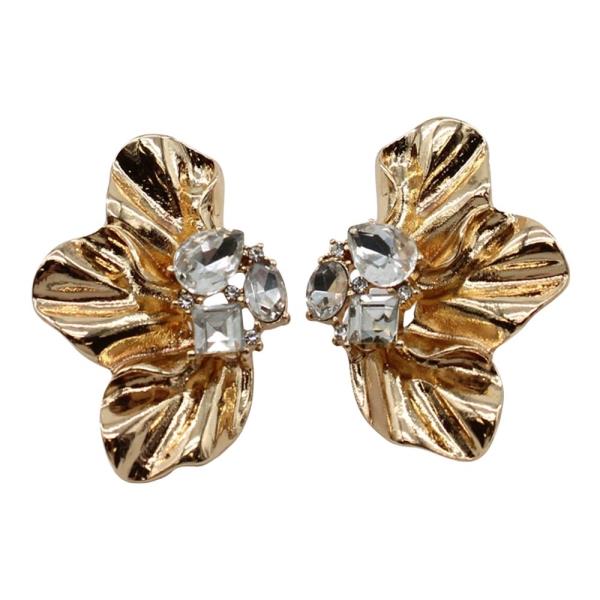 FLOWER TEXTURED METAL RHINESTONE POST EARRING