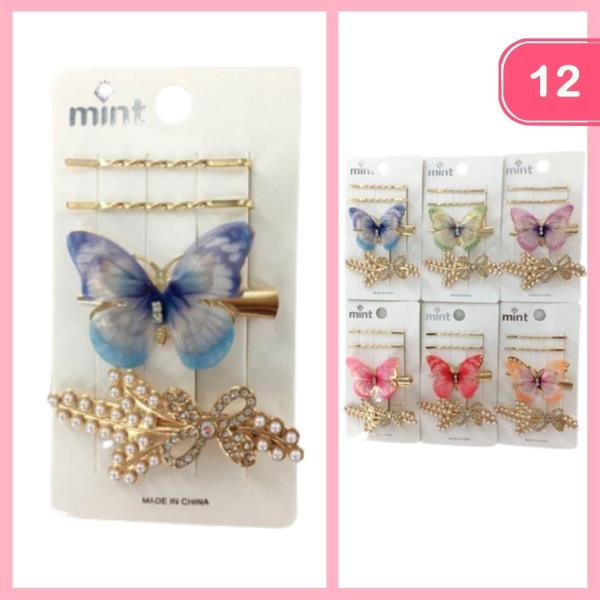 BUTTERFLY RHINESTONE PEARL BOW HAIR PINS (12 UNITS)