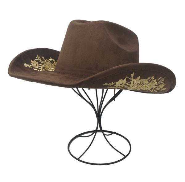 METALLIC ROSE EMBROIDERED MICROSUEDE COWBOY HAT