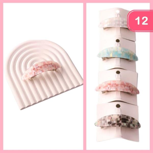 ACETATE CHECKER OVAL BARRETTE (12 UNITS)