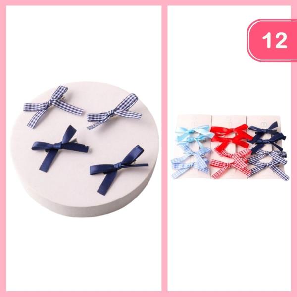 GINGHAM MIX RIBBON BOW CLIPS (12 UNITS)