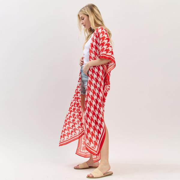 HOUNDSTOOTH PRINT OPEN FRONT LONG KIMONO