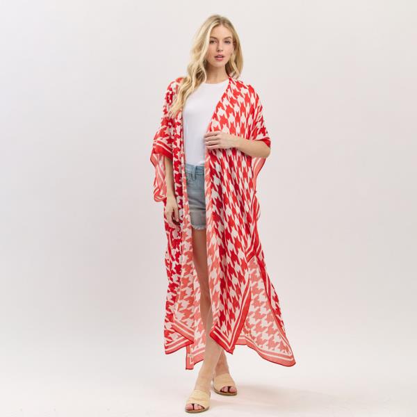 HOUNDSTOOTH PRINT OPEN FRONT LONG KIMONO
