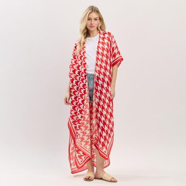 HOUNDSTOOTH PRINT OPEN FRONT LONG KIMONO
