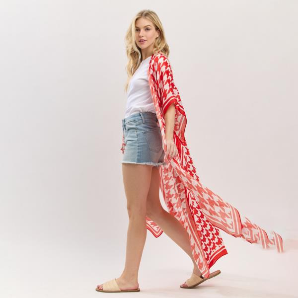HOUNDSTOOTH PRINT OPEN FRONT LONG KIMONO